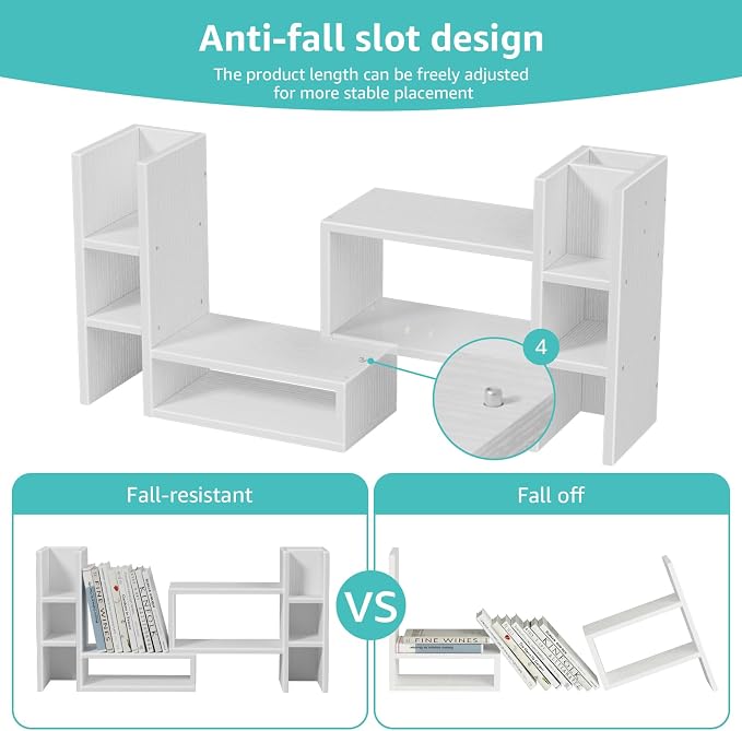 NUTIKAS White Desktop Bookshelf Adjustable Desk Organizer Shelf - Corner Wood Tabletop Storage Display Rack with 6 Cubbies and Pen Holder, Small Hutch for Office Supplies & Dorm Room Decorations