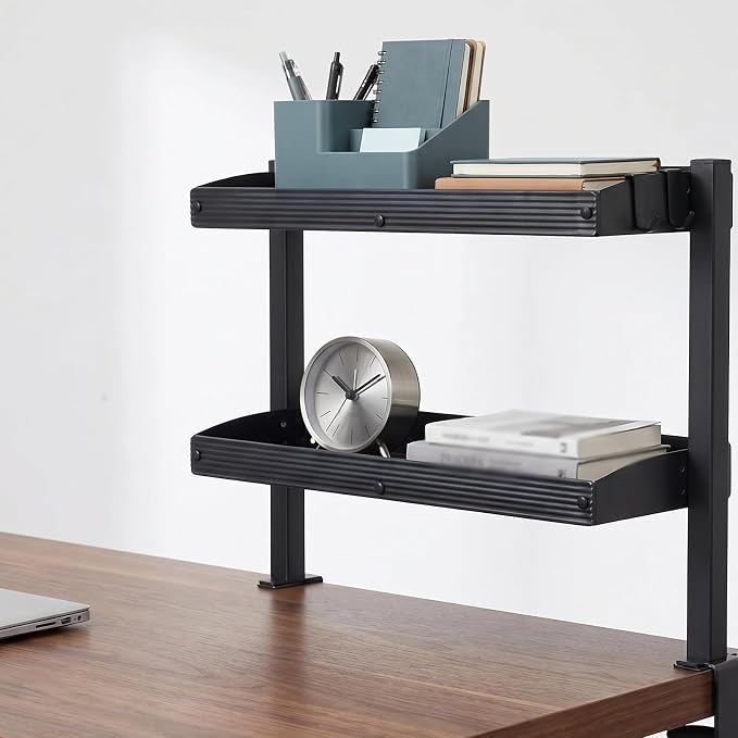 2-Tier Clamp-on Desk Shelving Unit, Adjustable Metal Storage Tray, Space-Saving Desktop Organizer for Gaming, Office Supplies, Monitor Stand, Dresser Top Storage, Ideal for Home Office, Study,