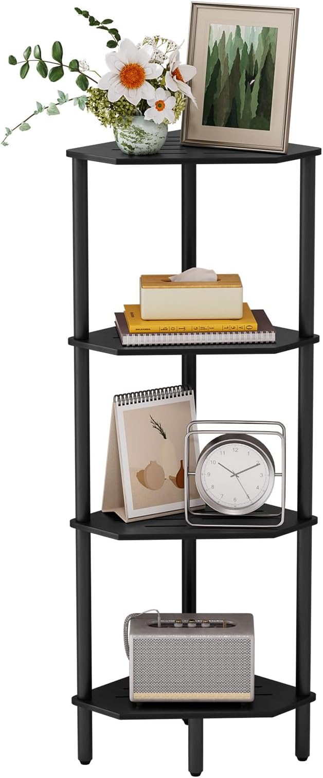 Corner Shelf Stand, 4 Tier Corner Bookshelf, Bamboo Storage Standing Shelf Unit, Tall Storage Plant Stand,Bookcase for Living Room, Home Office, Bedroom, Kitchen, Black