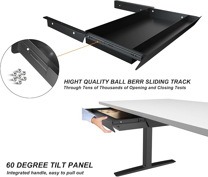 Large Under Desk Mounted Sliding Drawer with Bamboo Tray and 60 Degree Tilt Panel to Pull Out, 26'' Long & 13'' deep Large Storage Organizer for Sit Stand Workstation