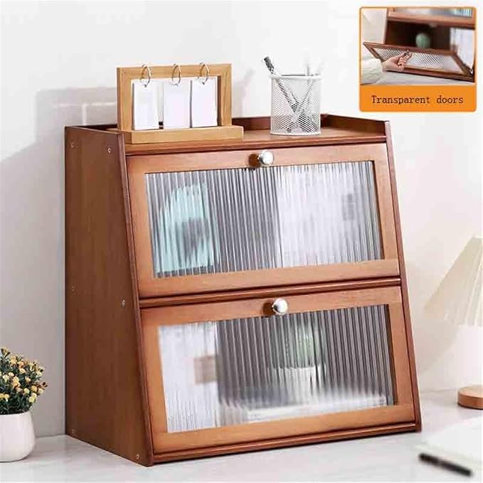 Bookcase Trapezoidal Desktop Bookshelf, with Plastic Flap Door Desk Tidy Organiser, Freestanding Home and Office Supplies Storage Display Shelf(L40xW28xH50 cm)