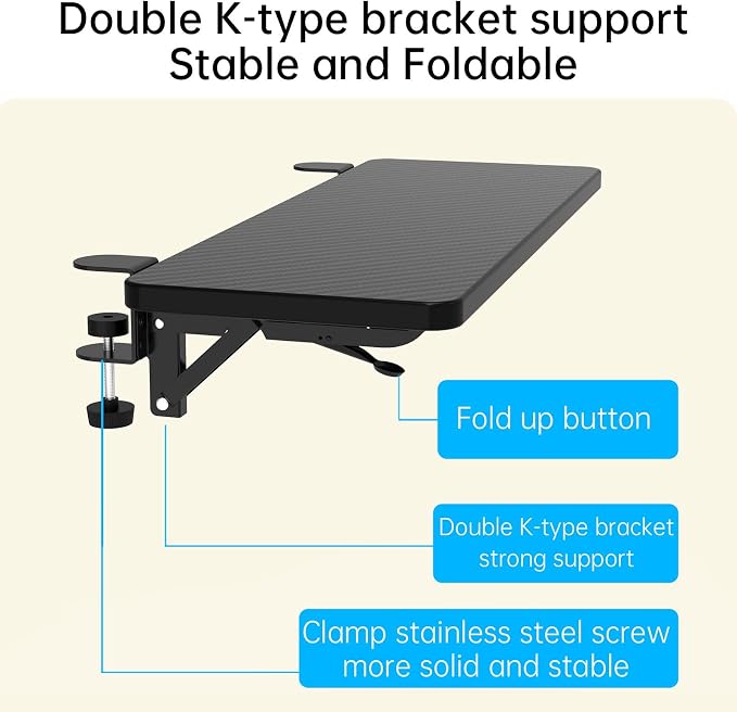 Sisyphy Ergonomics Desk Extender Tray, 21.7x9.5" Punch-Free Clamp on, Foldable Keyboard Drawer Tray, Table Mount Arm Wrist Rest Shelf, Computer Elbow Arm Support