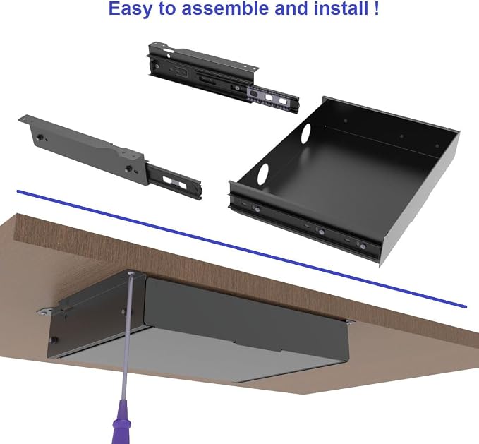 Under Desk Mounted Slide out Drawer, W 13.4" x D 9.3" Storage Organizer with Cable Management,Pull Out Add-On Storage for Office & Standing Desks with High Crossbar, Metal, Black (Medium)