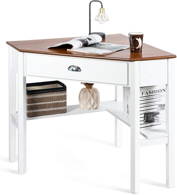 Tangkula Corner Desk, Corner Computer Desk with Drawer for Small Space, Small Corner Makeup Vanity Desk, 90 Degrees Triangle Corner Desk with Storage Shelves (Natural & White)