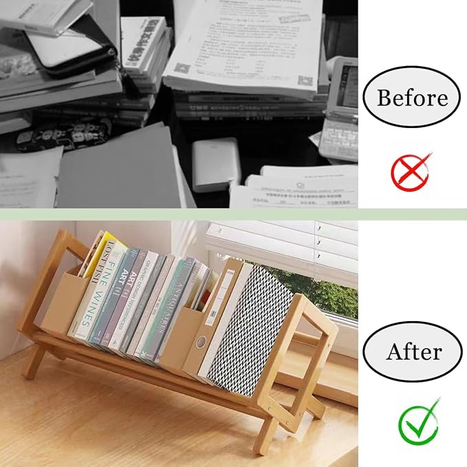 Wood Tilting Bookcase in Living Room/Home/Office, Desktop Book Shelf Organizer Bookshelves Storage Rack for CDs/Magazine/Books Display (Yellow, 16"-L)