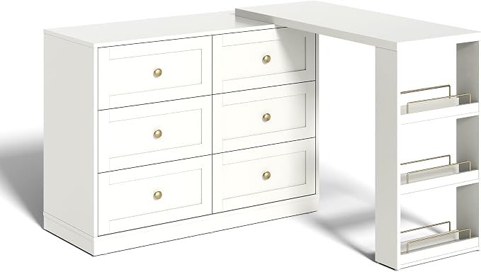 FansaFurn 67" Extendable Corner Vanity Desk, 3 in 1 Makeup Table with Rotatable Tabletop, 3 Side Shelves & 6 Drawers, L-Shaped Vanity Table and Dresser Combo for Bedroom, Dressing Room, White