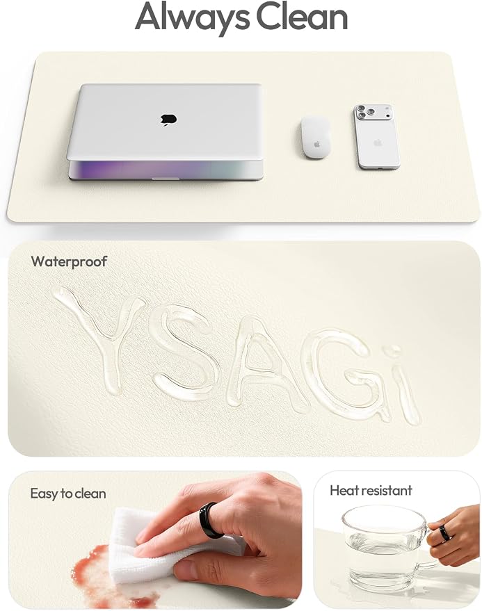 YSAGi Leather Desk Protector, Office Mat, Large Mouse Mat, Non-Slip PU Leather Blotter, Laptop Desk Mat, Waterproof Writing Pad for Office and Home(Cream, 63" x 24")