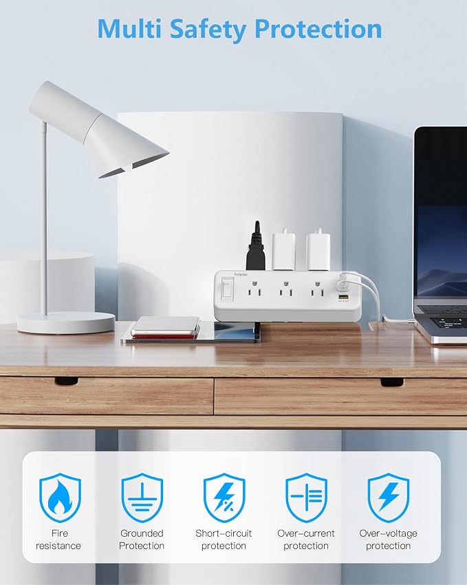6 Outlet Desk Clamp Power Strip with USB C, Flat Plug Surge Protector, Desktop Edge Mount for 1.8 inch Tabletop Thick, Connect 6 ft Extension Cord, Table Edge Socket with Switch, White