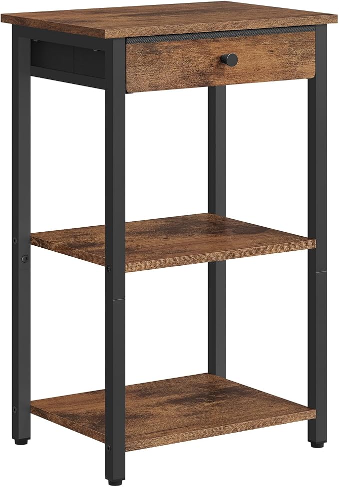 Gewudraw Printer Stand with Storage Drawer, 3-Tier Under Desk Printer Table, End Table for Home Office, Living Room, Bedroom, Brown