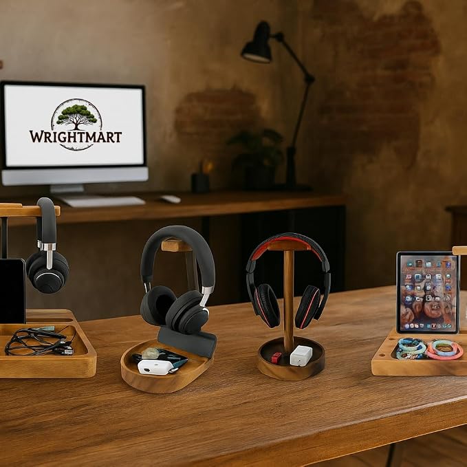 Wooden Headphone Stand with Tray – Solid Acacia Headset Holder for Desk Organization, Universal Fit for Sony, Bose, Beats, Gaming Headsets & Controllers | Solid Acacia, Desk Organization, Universal Fit for Sony, Bose, Beats, Gaming Headsets & Controllers