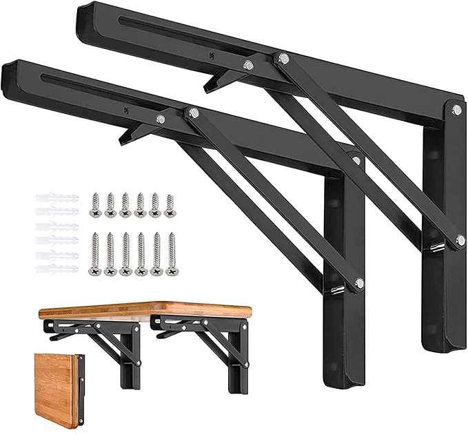 Folding Shelf Brackets - 8 inch 2 Pcs Heavy Duty Metal Collapsible Shelf Bracket, DIY Wall Mounted Foldable Shelf Bracket, Space Saving for Bench Table