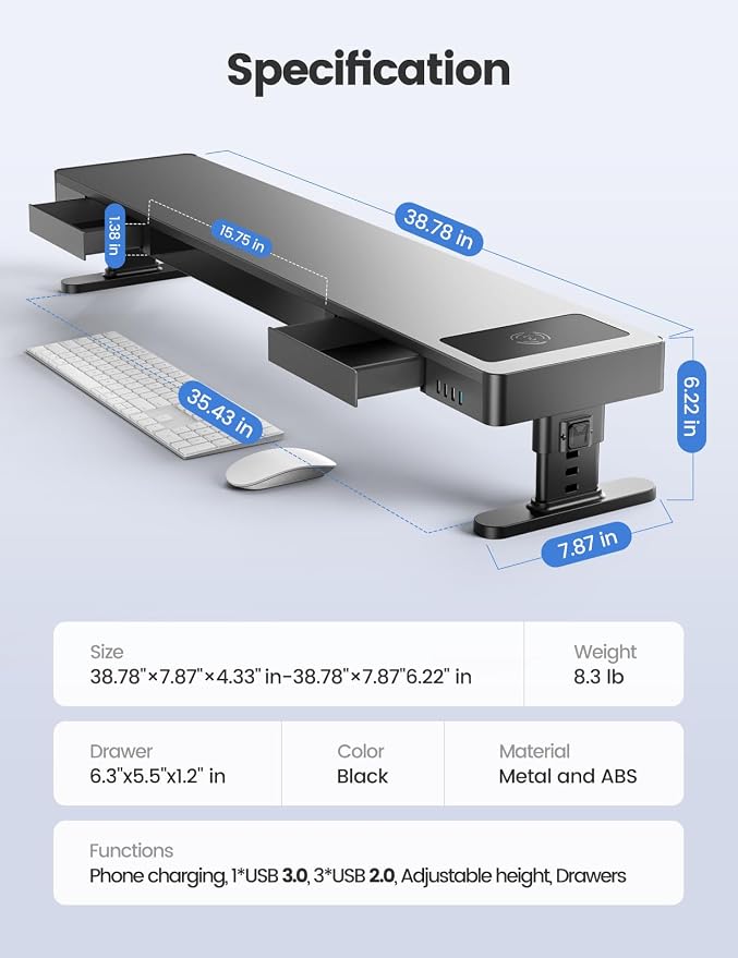meatanty Dual Monitor Stand with 4 Adjustable Heights, Auto Phone Charging Pad, 4 USB Ports, Computer Riser with Drawers Storage, Metal Double Desk Organizer Lifter Raiser for 2 Monitors Screen Gift