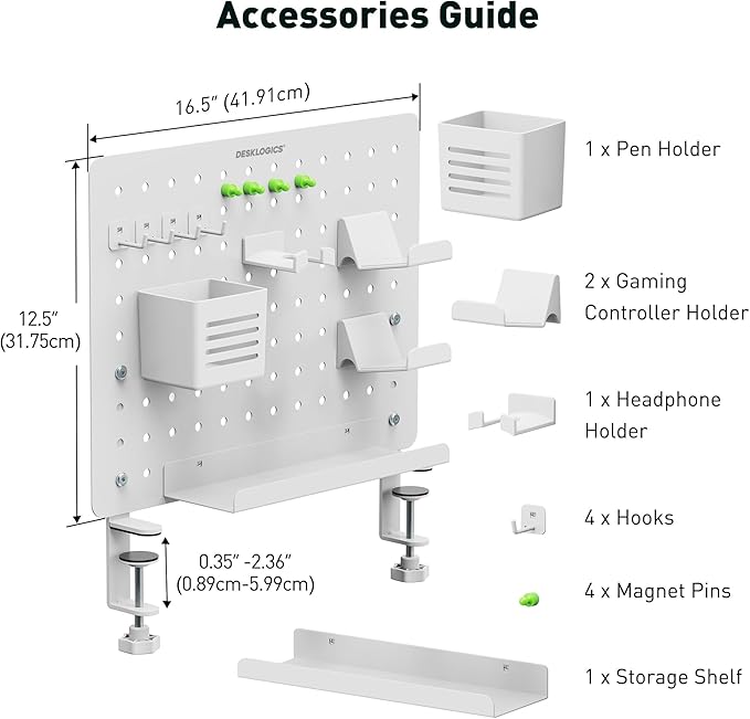 Clamp-on Desk Pegboard – Steel No Drill Desktop Organizer Panel with Gaming Controller Holder, Headphone Hook, and Storage Shelf – Vertical Mount for Office and Home Setup(White