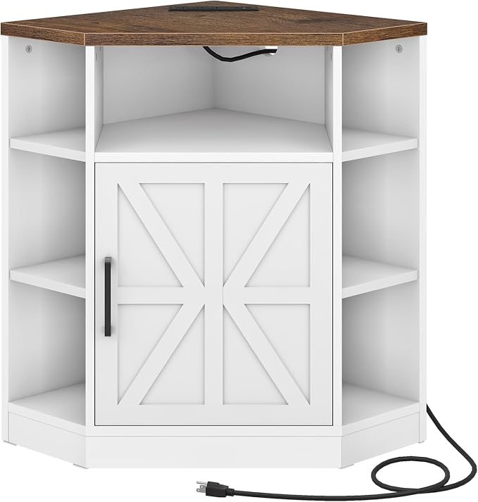 CHOEZON Corner Cabinet with Charging Station, Farmhouse Corner Bookshelf, Corner Storage Cabinet with Adjustable Shelf, for Living Room, Bedroom, Kitchen, Bathroom, White and Walnut MCW26UWL