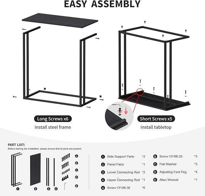 C-Shaped Side Table, Modern End Table with Metal Frame, Space Saving Design for Living Room,Large Surface Couch Table for Bedroom, and Home Office,24 x 12 x 24 inches (Black)