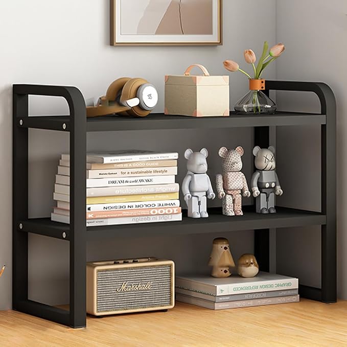 Office Desk Shelf Organizer, Wood Desktop Bookshelf Supplies Storage Rack, Shelf for Top of Desk and Dresser and Cubicle Decor Aesthetic Bookshelf (Black Black, Two Tier 19.69 Lx7.87 Wx15.16 H)
