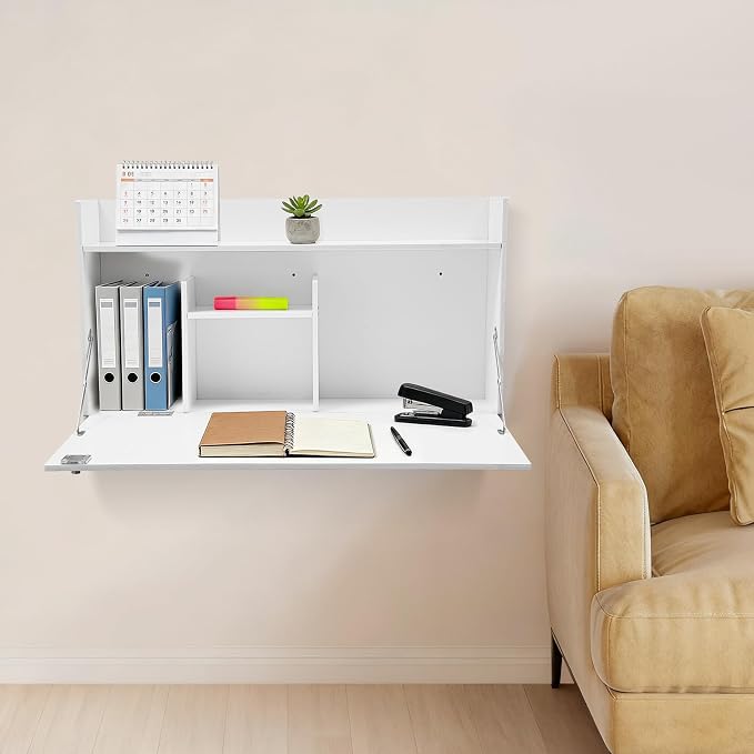 Wall-Mounted Foldable Desk Cabinet with Storage Drawers, Space-Saving White PVC Organizer for Home Office, Study Room, Bedroom, Small Apartment & Remote Work