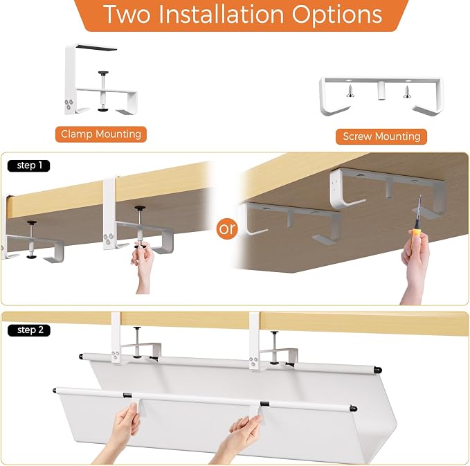 Under Desk Cable Management Tray - 28" Cord Organizer for Desk No Drill, Fabric Under Table Wire Organizer with 16X Cable Ties Hide for Office/Home, Cord Hider Fits Adapters & Sockets, White