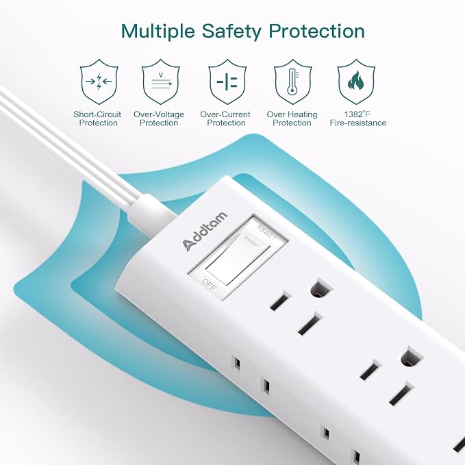 Addtam Power Strip Surge Protector with 12 Outlets, Flat Plug Extension Cord 6FT, Ultra Thin Wall Plug, 3-Side Wide Outlet Extender, Wall Mount Desk Charging Station for Home Office Dorm Room, White