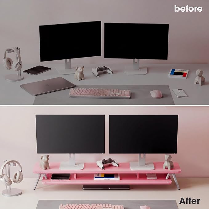 Fenge Dual Monitor Stand, Monitor Stands Riser for 2 Monitors, 42.5 Inch Wood Desk Shelf with Storage Organizer and Cable Management for Office Desk Accessories