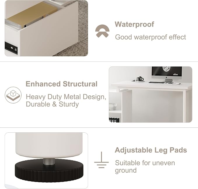 Mekminop L Shape Computer Desk with 3 Drawers and 2 Shelves, Home Office Desk Corner Small Desk with Storage Cabinet for Writing Study Executive – White