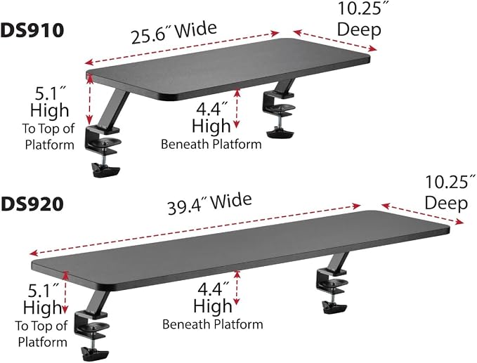 Kantek Ergonomic Mounted Computer Monitor Riser Stand, Floating Desk Shelf, Clamp On Base, 25.6" X 10.2" X 5.1", Black