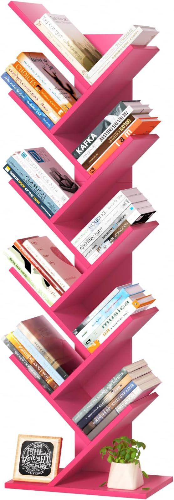 SHEEPAM 10 Tier Tree Book Shelf, Floor Standing Wood Bookshelf for Narrow Space, Storage Organizer Bookshelves for Books/CDs/Magazine, Bookcase with Shelves for Home Office, Living Room - Pink