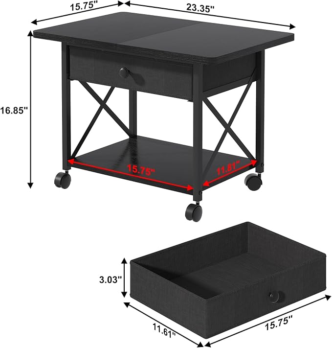 EasyCom 23.6" x 15.7" Under Desk Printer Stand with Storage Drawer, 2-Tier Shelf Desktop Printer Table for Desk with Wheels, Large Rolling Cart for Home Office Fits 3D Printer Scanner Black