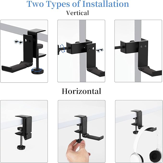 Aluminium Headphone Stand Hanger Under Desk, Foldable Headset Holder with Cable Organizer, Adjustable Clamp-On Headphone Hook, Non-Slip Desk Mount for Gaming Headphones, Bags & Accessories
