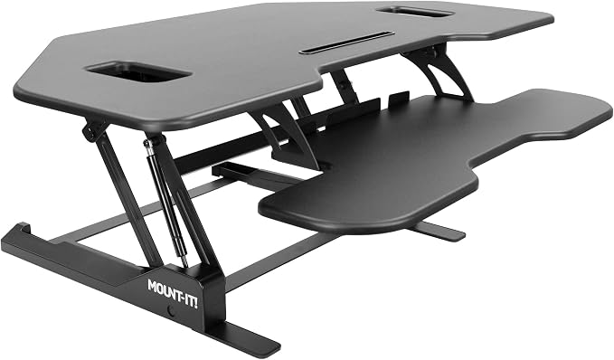 Mount-It! Corner Standing Desk Converter Height Adjustable 43” Wide Desktop, Corner Stand Up Desk with Gas Spring Lift Asssit, Stand Up Computer Workstation with Ergonomic Keyboard Tray | Black