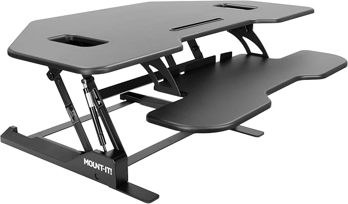 Mount-It! Corner Standing Desk Converter | Height Adjustable 43” Wide Desktop | Corner Stand Up Desk with Gas Spring Handle | Stand Up Computer Workstation with Ergonomic Keyboard Tray | Black