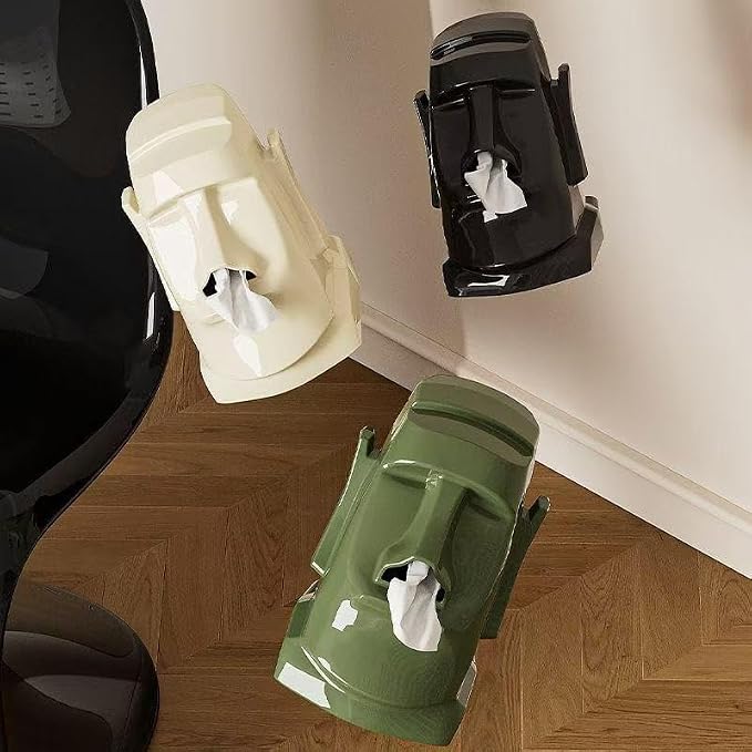 Creative Moai Tissue Box Holder with Headphone Holder, Suitable for Living Room, Bedroom and Other Desktop Storage Boxes, Green,Cream White, Black. (Black)