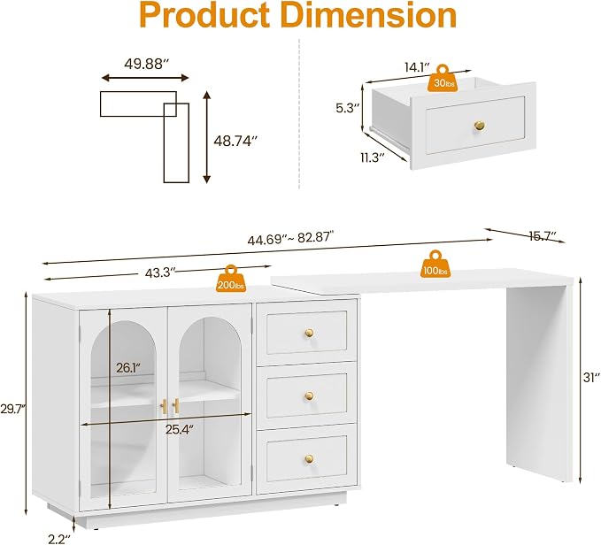 RoyalCraft 83” Large Makeup Vanity Desk, White Corner Vanity Table with 3 Drawer & 2 Door, Modern Extendable Dressing Table, Vanity Dresser Combo for Bedroom, Dressing Room (Without Mirror)