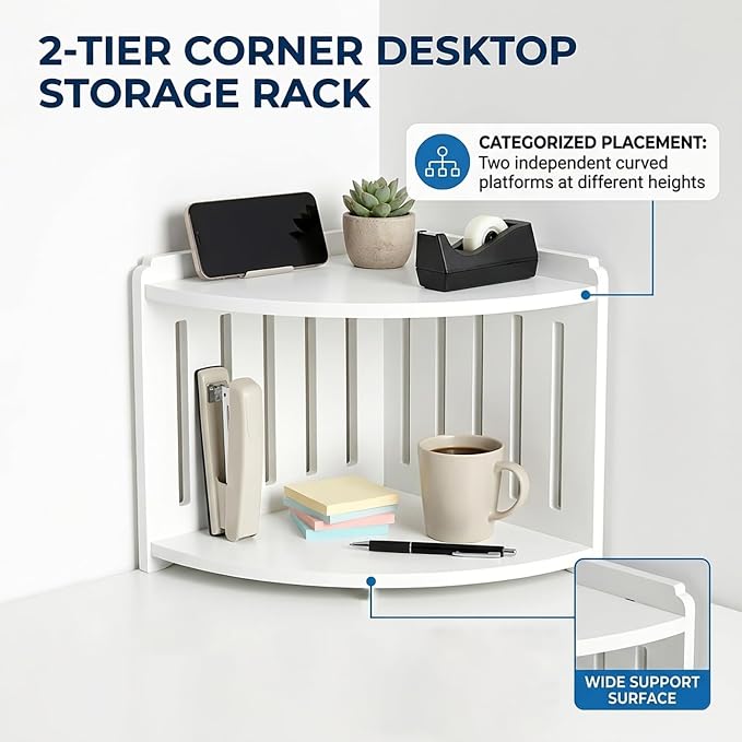 Desk Shelf Organizer - Corner Bookshelf Table Top Shelving for Desktop, Multipurpose Office Organizers and Accessories, Space Saving Tabletop Shelf for Dormitory, Home, and Work