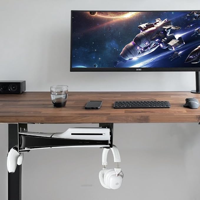 Aluminum Under Desk Mount for PS5/PS5 Slim/ PS5 Pro Digital & Disc, Securing Under Desk Bracket with Detachable Controller & Headphone Holder Kit No Drill (Black)