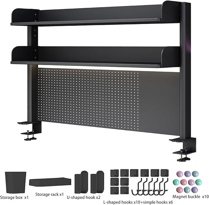 2 Tier Organizer Shelf Clamp On Desk 23 31 39in,Computer Desk Accessories for Office,Pegboard Workstation Desk Extender,Privacy Panel for Gaming Desk Desktop Shelving System(60cm/23.6in)