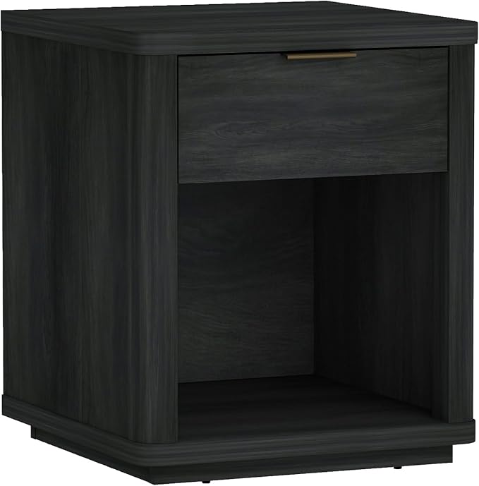 Manhattan Comfort Evelyn Nightstands Set of 2 with Full Extension Drawer and Open Shelf – Modern Bedroom Night Stand or Living Room Side Tables with Storage – Easy Assembly, Charcoal Grey