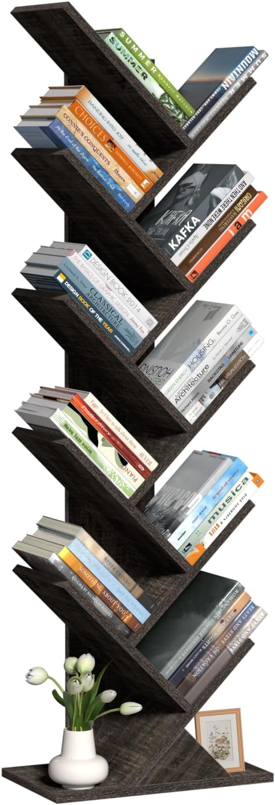 SHEEPAM 10 Tier Tree Book Shelf, Floor Standing Wood Bookshelf for Narrow Space, Storage Organizer Bookshelves for Books/CDs/Magazine, Bookcase with Shelves for Home Office, Living Room - Dark Grey