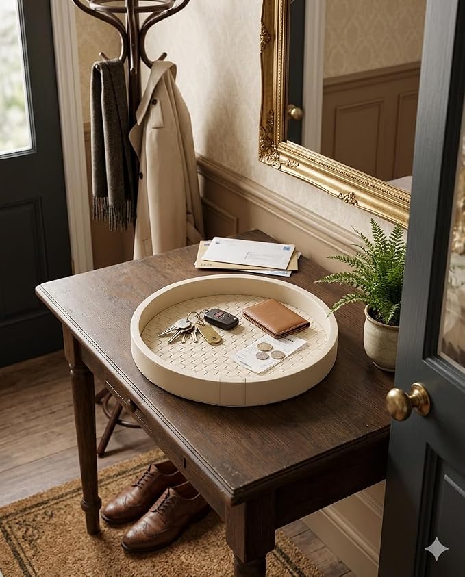 Leather Catchall Tray Organizer for Entryway Vanity Living Room | Organize keys, sunglasses & perfume. Elegant leather catchall tray decor for your entryway, vanity & living room.