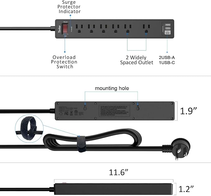 20Ft Power Strip Surge Protector - Yintar Extension Cord with 6 AC Outlets and 3 USB Ports for Home, Office, Dorm Essentials, 1680 Joules, ETL Listed, Black