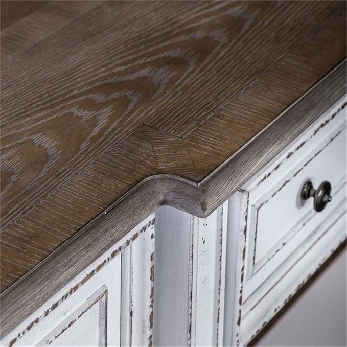 BOWERY HILL 72-Inch Console Table, Poplar Solids with White Oak and Birch Veneers, Antique White Finish, Weathered Brown Whitewash Top, 3 Drawers, Bottom Shelf, Traditional Hall Table for Storage