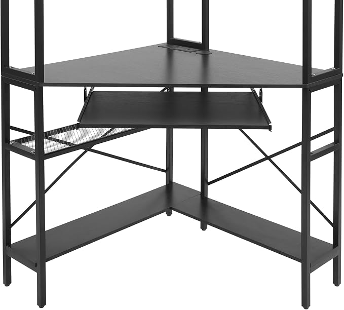Corner Desk with Hutch, 90 Degrees Triangle Computer Desk w/Keyboard Tray & Bookshelves for Small Space Space Saving Writing Desk w/Storage Shelves for Bedroom Apartment (Black)