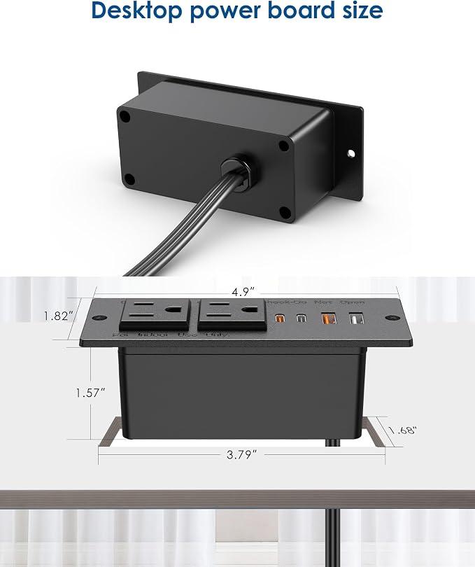 Recessed Power Strip 30W USB C,Furniture Flush Mount Desk Outlet,2 Outlets 4 USB Ports,Recessed Outlet for Side Table/Sofa Table,Ultra Thin Flat Plug Power Strip,3FT Cord (Black)