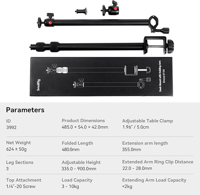 SMALLRIG Camera Desk Mount Table Stand with Magic Arm and 1/4" Ball Head, 13"-35.4" Adjustable Light Stand, Tabletop C Clamp for DSLR Camera, Ring Light, Live Streaming, Photo Video Shooting - 3992