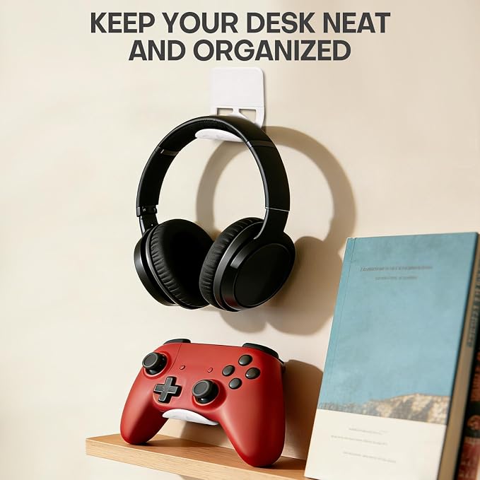 Wall Mount Headphone Stand, 2-in-1 Bendable Silicone Controller Holder, Adhesive Under Desk Hook for Gaming Office & Home, Fits All Headphones for PS5 Xbox Controllers - 1 Pack (Black/White)