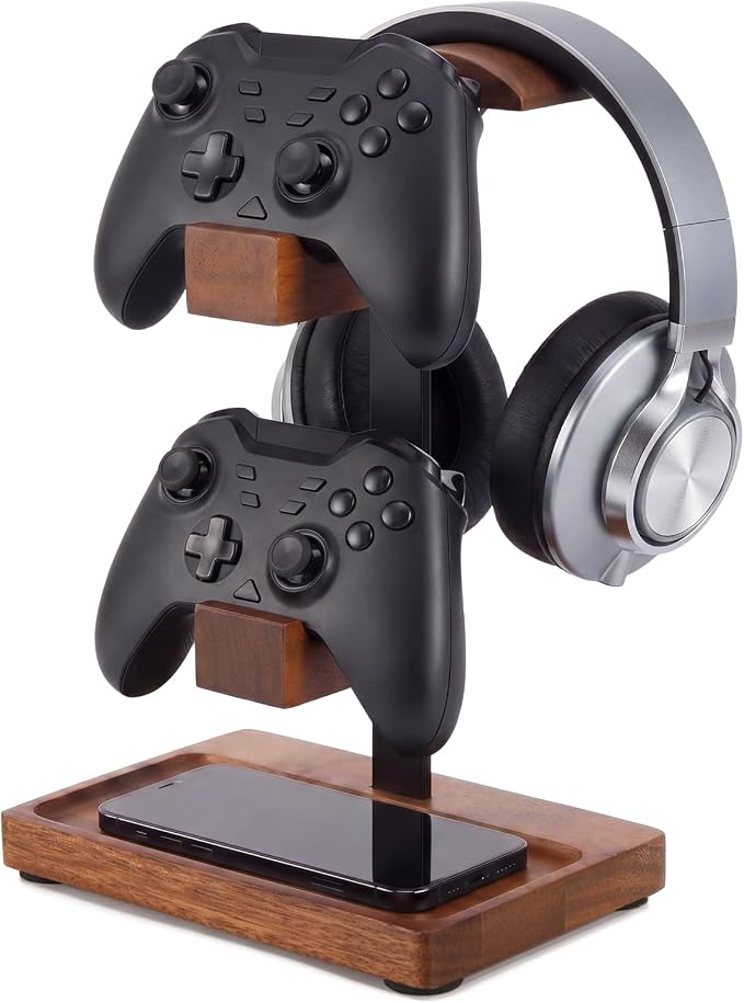 Headphone Stand with Controller Holder, Gaming Headset Stand for Desk, Walnut Headphone Holder Desk Organizer Gaming Accessories Gift for Gamers (Light Walnut)