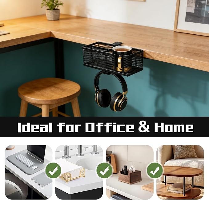 Multifunctional Clamp On Cup Holder & Desk Organizer, Space-Saving Desk Cup Holder with Headphone Hook for Office, Home - Holds Drinks, Phone, Stationery