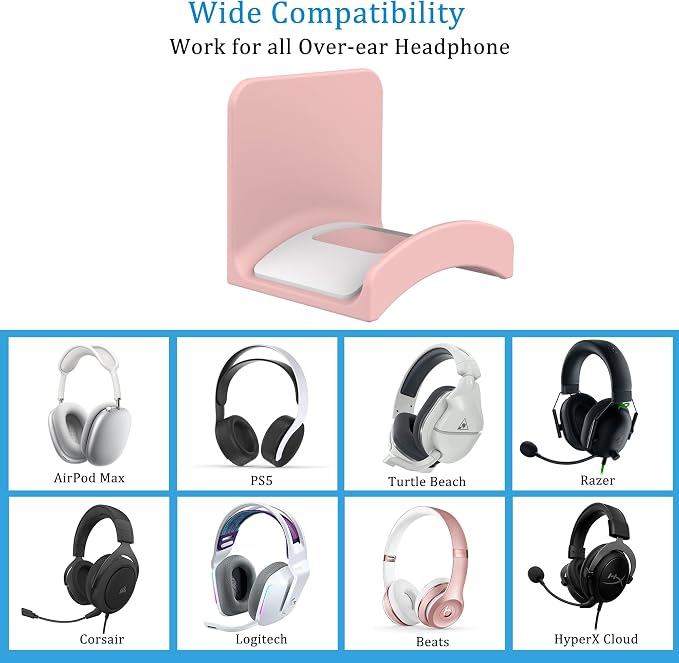 SOKUSIN Headphone Stand Headset Holder - Adhesive Gaming Earphones Hanger, Universal Desk Wall Mount Hook for All Headphone/Controller, Compatible with Beats, AirPods Max,Sony, JBL (Pink-2Pack)