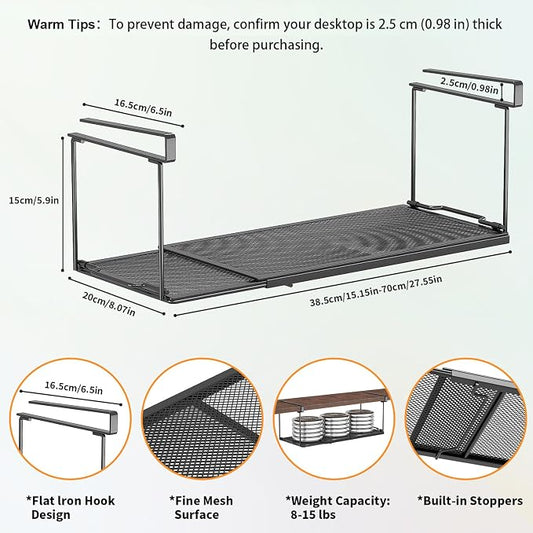 1 Pack Expandable Under Cabinet Shelf, Under Shelf Basket with 0.94 Inches Thick Clips for Kitchen Cupboard, Metal Hanging Under Desk Basket for Laundry Room, Cabinet, Shoe Rack