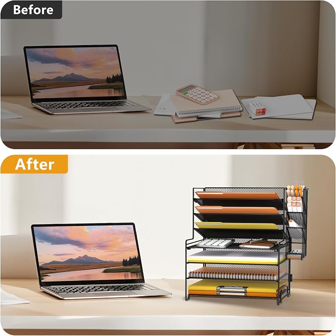 SUPEASY 7 Tier Desk Organizer, Desk File Organizer with Pen Holder, Paper Organizer for Desk, Desk Organizers and Accessories for Home Office School, Black